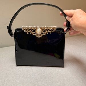 Vintage 1950’s After Five Black Patent Leather Bag With Gold Cameo Accent